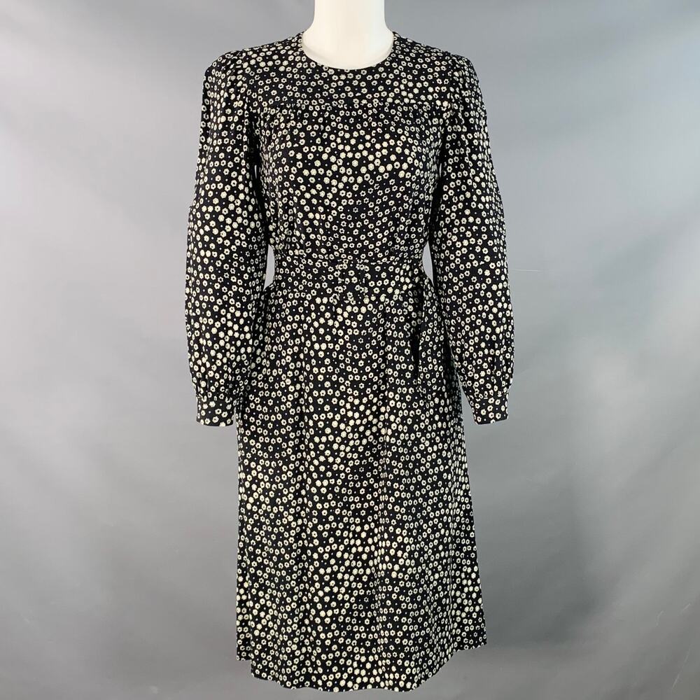 A.P.C. Size 2 Black White Viscose Floral Long Sleeve Belted Knee Length Dress